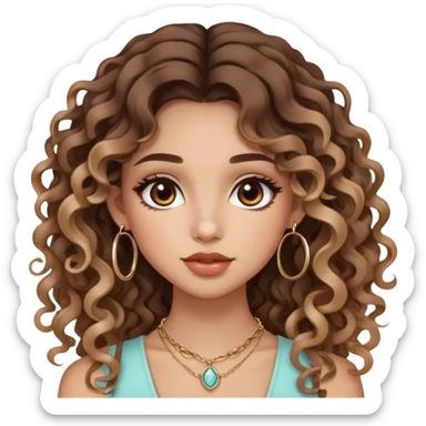 cute girl with not volominous VERY LONG curly/wavy balayage hair brown eyes full lips cute makeup cute necklace and hoop earrings sticker