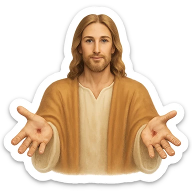 Jesus' hands post-resurrection, open and inviting, with subtle marks of crucifixion, conveying compassion and divinity, peaceful and uplifting sticker