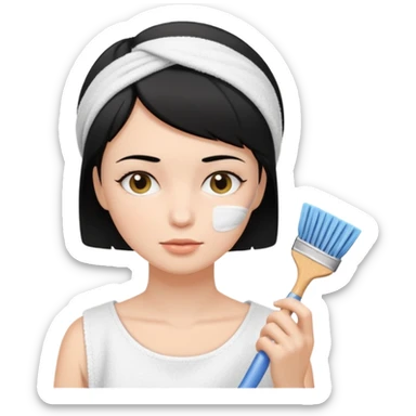 a white woman who has black short hair cleaning her face sticker
