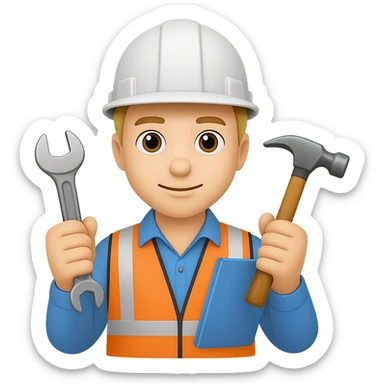 Add construction tools like a wrench and hammer to the civil engineer with blueprint in the style of apple emojis with no background. sticker