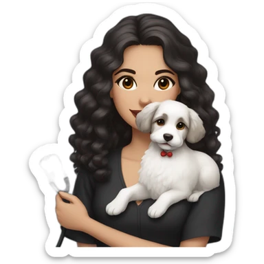 young moroccan woman with dark brown eyes, dark long curling hair, red lips, a black dress, a stethoscope and a white cotton of tulear dog on her laps sticker