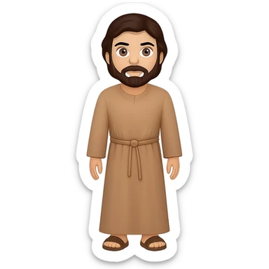 Create a full body, standing front view emoji style illustration of Saint Joseph wearing a long tan robe similar to the reference. He has dark brown hair and a beard. The style should be consistent with emoji style and the background should be removed. Produce new variations similar to previous results. sticker