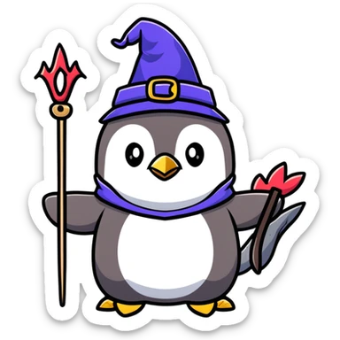 a penguin wizard with a staff and hat next to a small dragon sticker