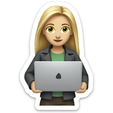 Female coder featuring a laptop. She has long dark blonde hair, green eyes, white skin. sticker