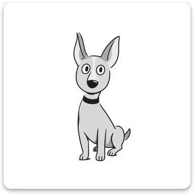 A Doberman dog with pointy ears and sleek body in pastel colors (dd9fb0, ffc6d3, a3bfc9, c4bee2, f1b091), hand-drawn doodle style sticker