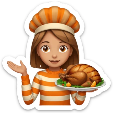 happy tan girl with an orange striped sweater and a cooked browned turkey on her head  sticker