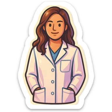 female medical coat with pockets, front view, straight angle, looking at camera, retro stickers style, soft rounded shapes, clean contours, pastel palette, detailed shadows and highlights, modern illustration, transparent background sticker