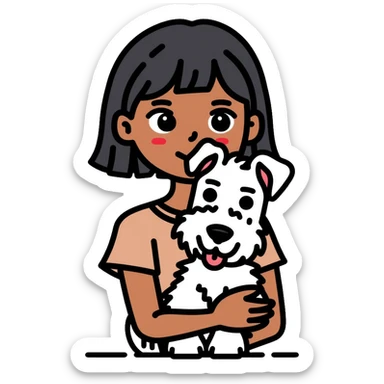 Black girl with short bangs holding a white schnauzer dog sticker