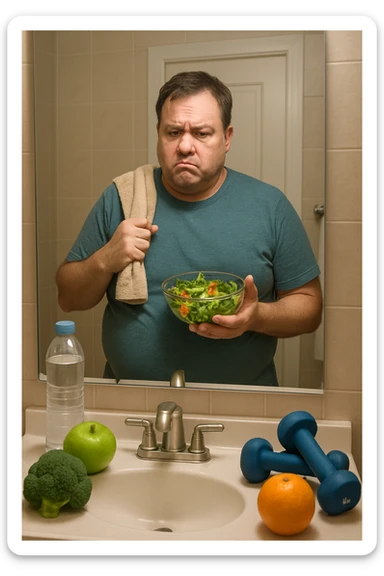 a middle-aged man stands in front of a bathroom mirror, looking at his reflection with a puzzled and slightly frustrated expression. He holds a salad bowl in one hand and a gym towel in the other, surrounded by healthy food and workout gear, yet his body remains overweight. The background is a typical home bathroom, softly lit, emphasizing confusion and self-reflection. sticker