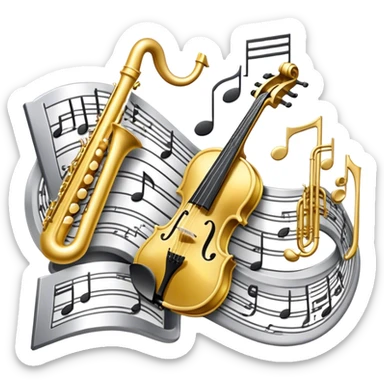 Create an elegant and artistic emoji that represents music arrangement and orchestration. The design should feature a conductor's baton, musical scores, and various orchestral instruments (e.g., violin, trumpet, electric guitar, synthesizer). Incorporate flowing lines to represent harmony and orchestral balance, along with a subtle representation of sheet music. Use rich, classical colors like gold, silver, or deep blue, and create an atmosphere of sophistication and precision. The background should be transparent. sticker