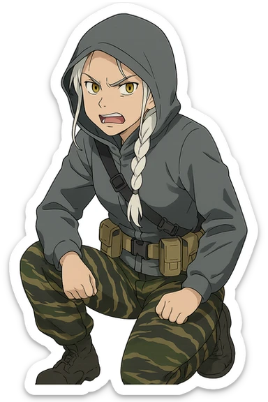 1 female, mid-20's  white hair long braid, gold yellow eyes, gray waterproof tactical shirt hoodie, hood up, single point sling, tan mag pouches on belt rig, tiger stripe camo pants, crouching, angry expression sticker
