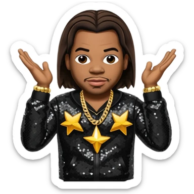 Busta Rhymes with dark brown hair, black sequin outfit sticker