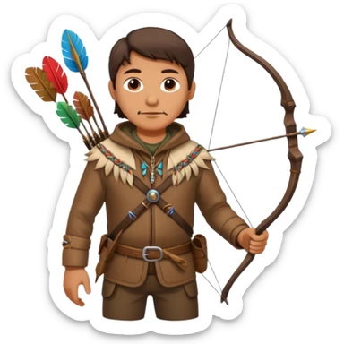 A classic middle-aged hunter, carrying a bow and arrow, dressed in brown clothes, and adorned with decorations made of feathers or bone teeth
 sticker