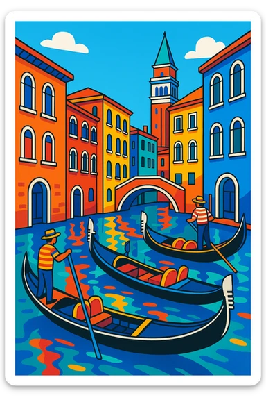 Venice, Italy, with gondolas, canals, and historic architecture, vibrant illustration style sticker