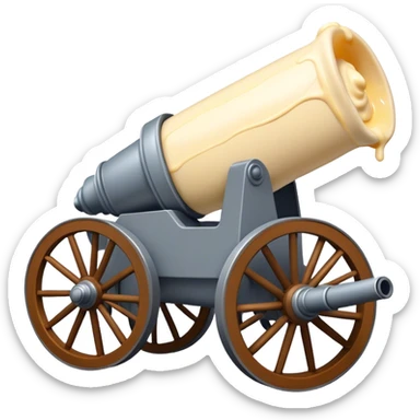 Cannon on wheels that has some mayonnaise dropping out of the front sticker
