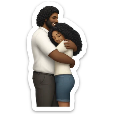 woman with long black curly hair hugs a tall broad man tightly sticker