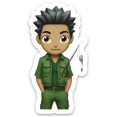 Gon hxh more black than green hair with fishin rod and jajankenn rock sticker