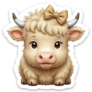 Beige fluffy baby scottish cow with a small bow on head beige sticker