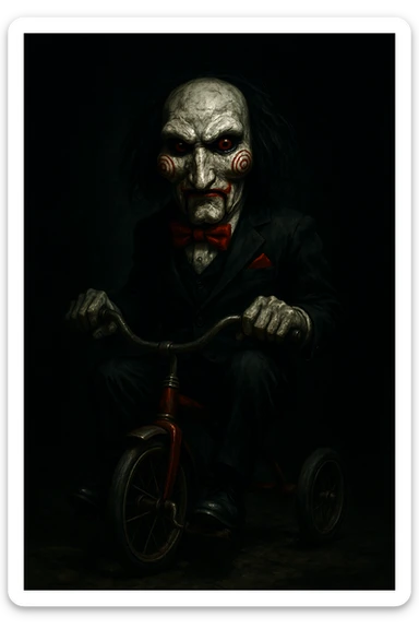 Saw puppet, horror movie character, detailed, menacing expression, red spirals on cheeks, black suit, red bow tie, tricycle, dramatic lighting sticker