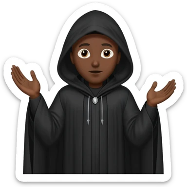 Black man wearing a long black robe with a tall pointed hood, face fully covered except for two small eye holes, standing confidently with hands gesturing in conversation. sticker