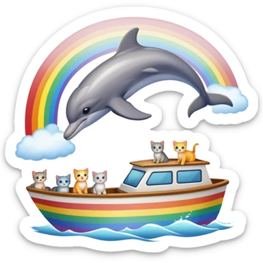A dolphin jumping overa rainbow while a boat full of kittens passed through it  sticker