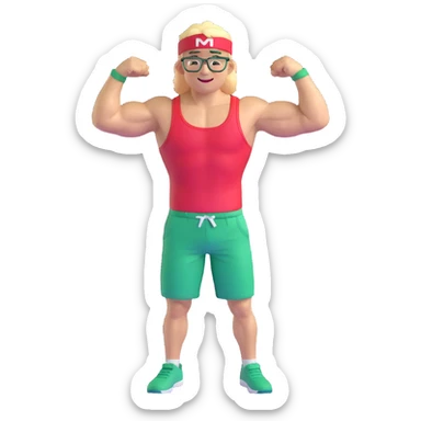 Man with black and white cap, bare muscular torso, red shorts, clear glasses, messy light blond mullet hairstyle, flexing and smiling sticker