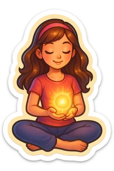 cute, feminine girl in lotus pose holding glowing energy, detailed retro stickers style with shadows and highlights, transparent background sticker