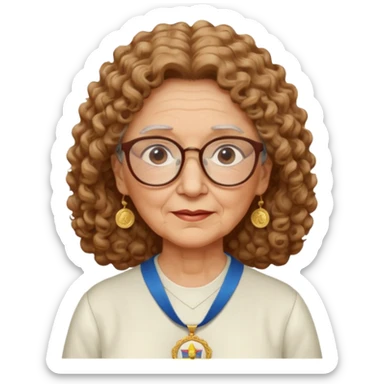 Una abuela con el pelo rizado con el pelo moreno claro , con gafas, siempre va con blusa de un color clarito y siempre va con una medalla de la virgen del pilar. Su piel de color piel. sticker