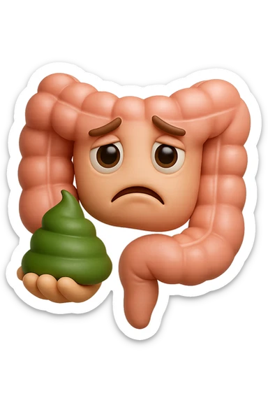 emoji stile iphone 3d di un intestino con espressione triste con cacca verde e liquida in mano , iperrealistiche 4k sticker