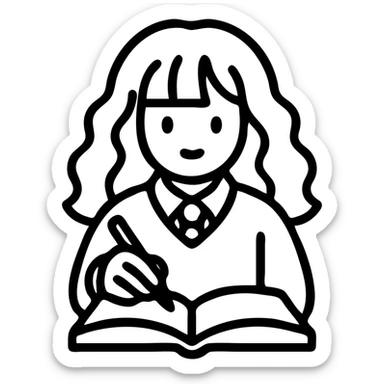 Hermione Granger writing in a notebook, outlined icon style, clean lines, minimal color, recognizable character sticker