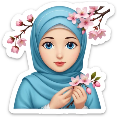 Turkish beautiful finish Konya girl blue eyes with hijab islamic dress and had on her hand cherry blossom sticker