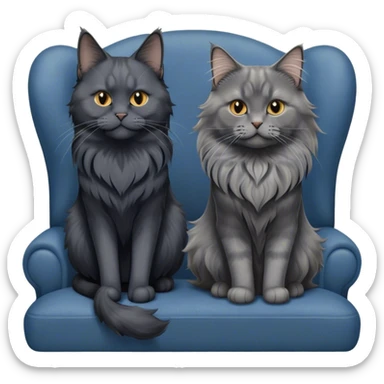 Portrait of a black smoke Maine Coon cat with long grey ear tufts, alongside a British Shorthair cat with a solid blue coat on sofa. Both cats with detailed fur textures and playful expressions. Soft, elegant background of room with warm, natural tones. Transparent background. sticker