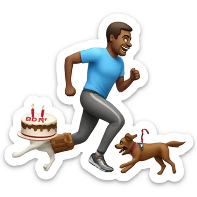 Happy man running a sprint with a birthday cake and walking his dog at the same time sticker