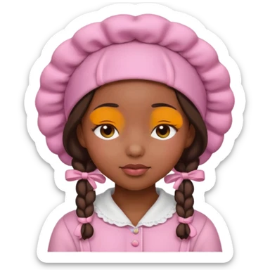 black girl with eyes closed wearing a pink bonnet inspired by Apple emoji style sticker