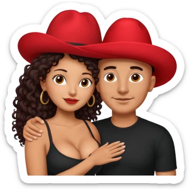 A picture of an embracing tanned couple. the man is a Mexican man with tanned skin, with a bald hair cut wearing a red hat and wearing a black shirt. the woman is mixed, with glasses,  with long curly dark brown hair and with big boobs. Remove the glasses from the guy sticker