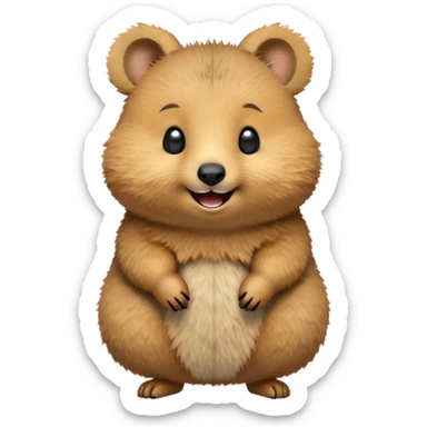 cinematic-realistic quokka-emoji,-small-round-frame-balanced-on-tiny-strong-hind-legs, head tilted in an endearing manner, comical smil, giant-fluffy-cheeks-large-smile-fluffy-brown-fur-radiating-a-warm-softness,-big-round-eyes-filled-with-joy, realisticround  fluffy zoomed in, large black eyes sticker