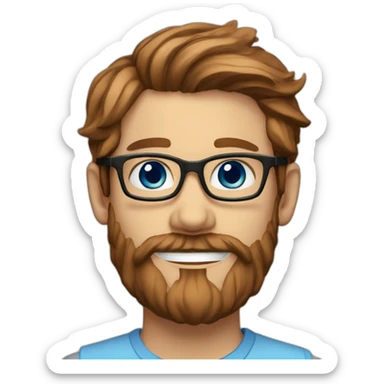 Scandinavian with blue eyes long and brown hair and a beard and red glasses and a big smile sticker