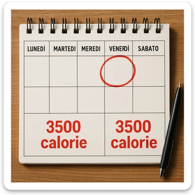 Hyperrealistic top-down view of a weekly calendar in Italian, showing days from Monday to Sunday. Friday is circled in red. Below both Saturday and Sunday, the text '3500 calorie' is in red and bold. The scene has 4K details and a desk atmosphere. sticker