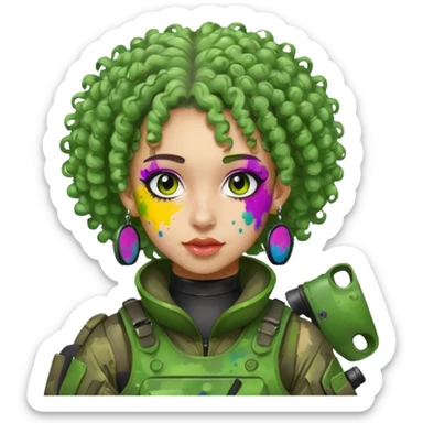 green curly haired painitball player with big earrings guy shot with lots of colors sticker