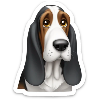 Basset hound with droopy eyes who is going grey and his face is black and brown  sticker