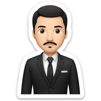 Roupa: terno preto moderno e bem ajustado, com camisa social branca sem gravata (para dar um ar mais contemporâneo), cinto de couro preto e relógio prateado. Tom de pele: médio quente
Cabelos: curtos e bem penteados PRETOS
Rosto: com bigode e cavanhaque leve, expressão firme e confiante. PRETOS sticker