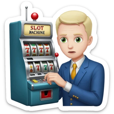 man with wild eyes desperately clawing at a slot machine, empty pockets, casino background sticker