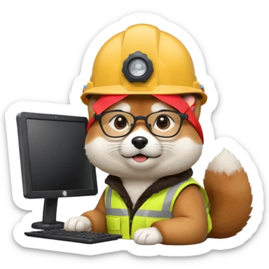 shiba inu with eye glasses and computer wearing a hard hat sticker