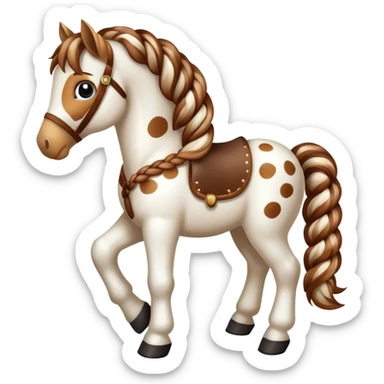 A spotted toy horse with braided mane and friendly expression sticker
