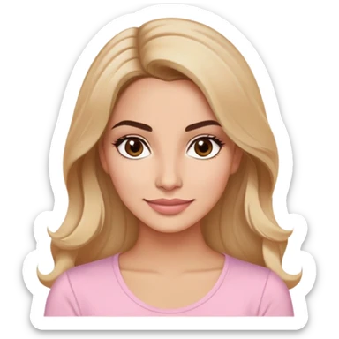 Puerto Rican actress in her early 30s with oval face, soft features, defined but not prominent cheekbones, sweet expression, large almond light brown eyes, well-defined medium eyebrows, straight nose, medium lips with fresh smile, long slightly wavy dark blonde hair, wearing a light pastel pink top sticker