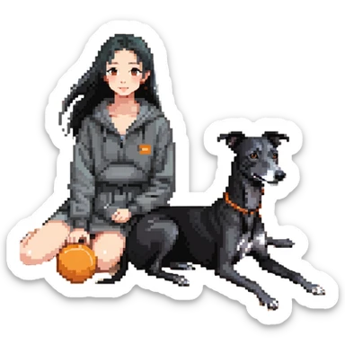 A very beautiful and attractive 25-year-old Japanese woman with long flowing black hair and a SOLID DARK GREY whippet sitting together on a beach during a beautiful sunset. The whippet MUST be COMPLETELY SOLID DARK GREY with ABSOLUTELY NO WHITE MARKINGS ANYWHERE - no white chest, no white face, no white paws, no white tip on tail - ENTIRELY ONE SOLID DARK GREY COLOR throughout the entire dog. Orange and red sunset sky over the ocean, sandy beach in the foreground. sticker