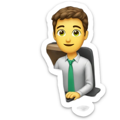 Brown hair green eye short hair male Developer sitting with a computer sticker