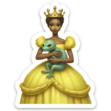  Reptilian alien woman, full body, in victorian jellow elegant dress, have a crown,holds a newborn humman baby sticker