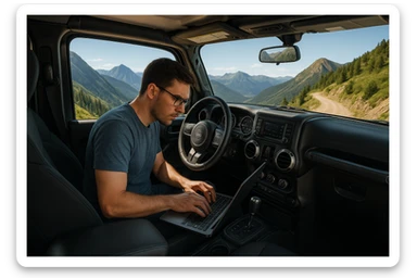 An IT employee working hard on a laptop inside a jeep, driving up a mountain road, with scenic mountains visible outside the windows. The employee looks focused and determined, blending work and adventure. sticker