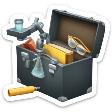 toolbox for scientist with a book, glasses, microscope sticker